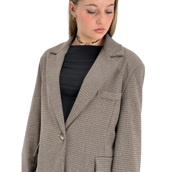 Bassini Giacca Donna Marrone Principe di Galles Monopetto Taglio Uomo Oversize con Tasche con Patta