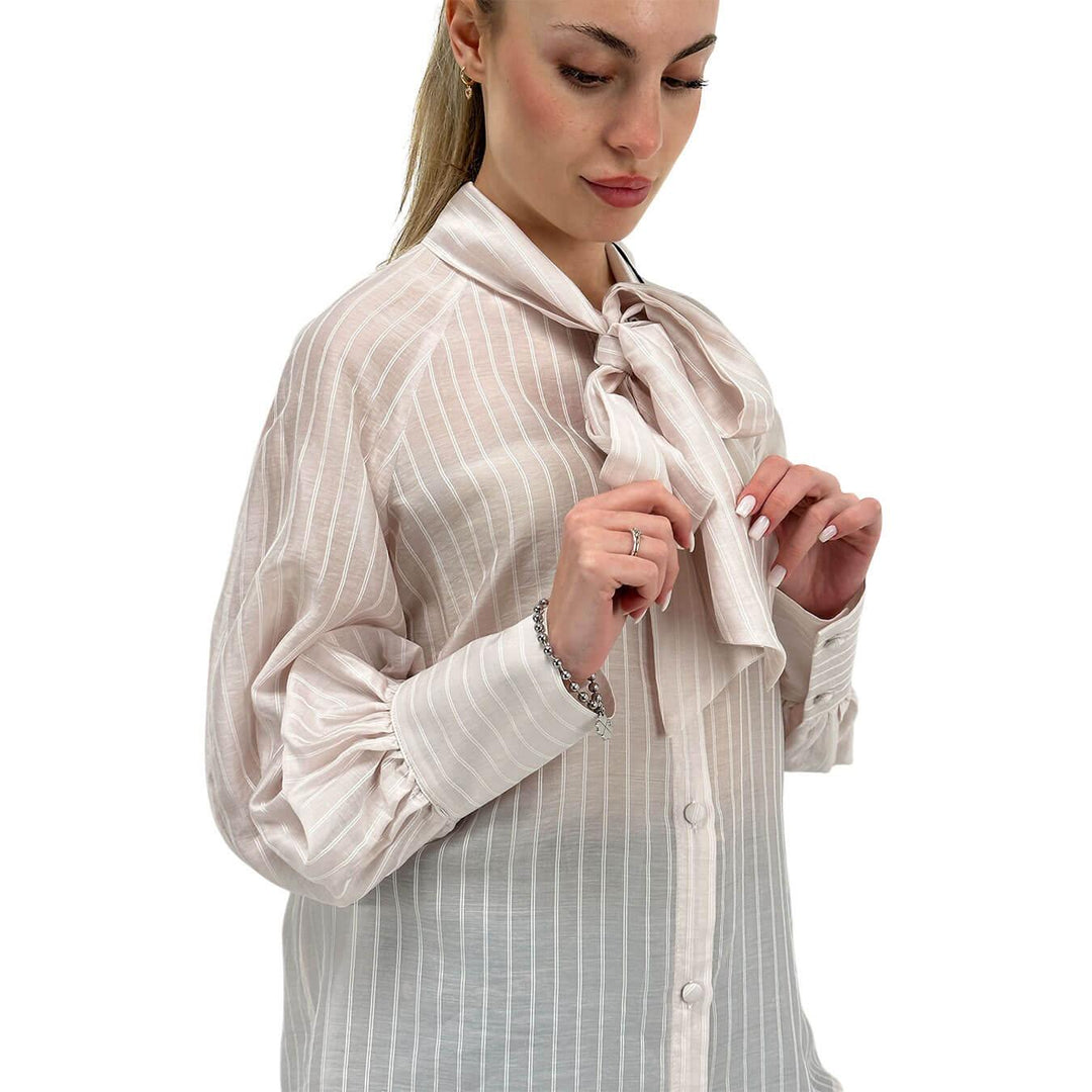Tensione In Camicia Donna, Gessata, Maxi Fiocco, Beige