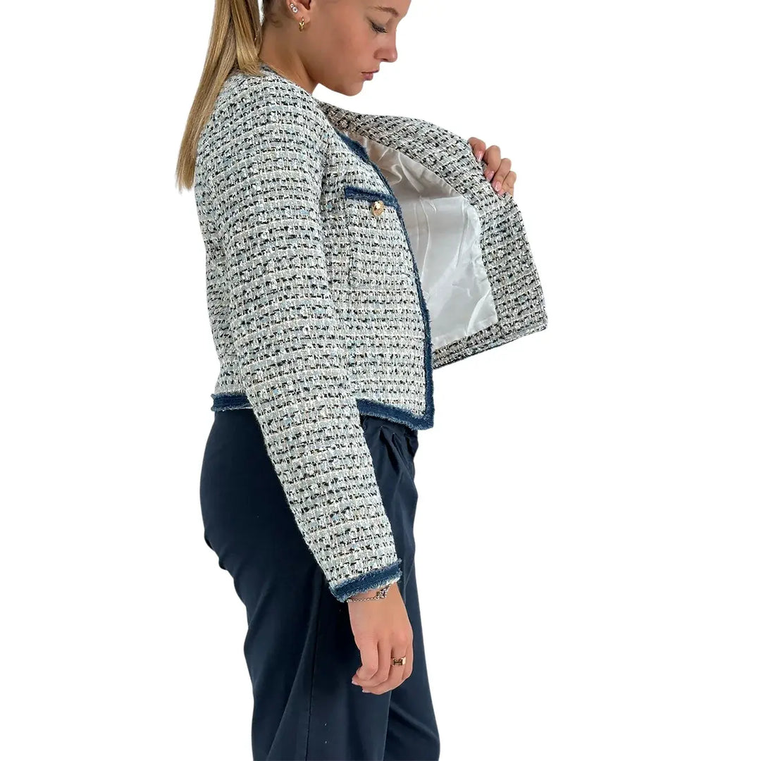 Bassini Giacca Donna Blu Modello Rebecca in Tweed con Bottoni Color Oro
