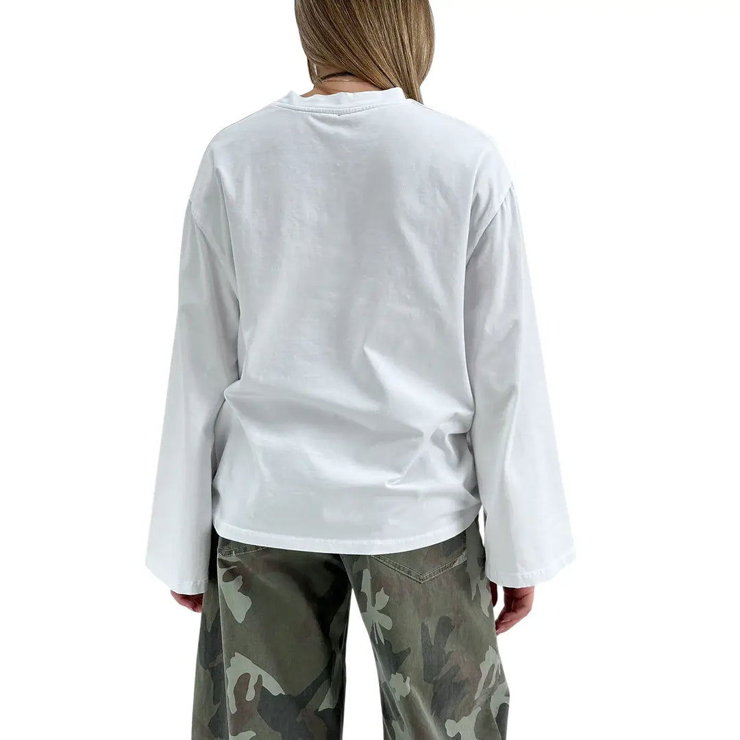 Bassini T-Shirt Donna Bianca Oversize con Maniche Lunghe a Campana e Girocollo