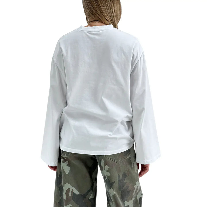 Bassini T-Shirt Donna Bianca Oversize con Maniche Lunghe a Campana e Girocollo