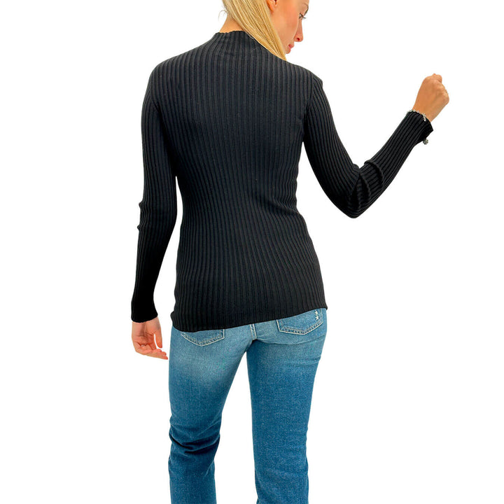 Kontatto Women's Sweater, Turtleneck, Fine Ribs, Mixed Fabric, Black