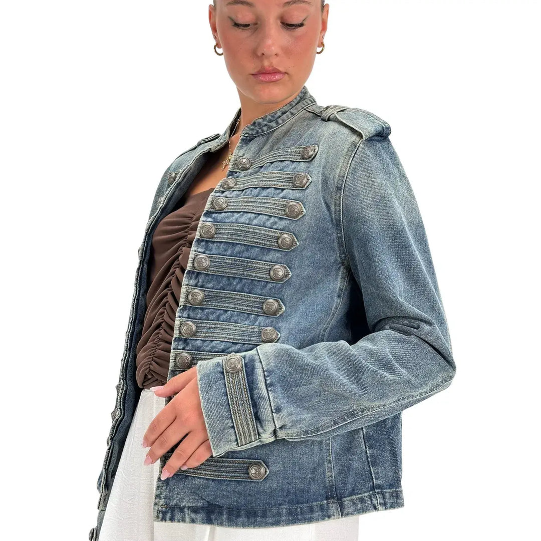 Bassini Giubbotto Donna Blu Medio in Denim Washed Stile Napoleone
