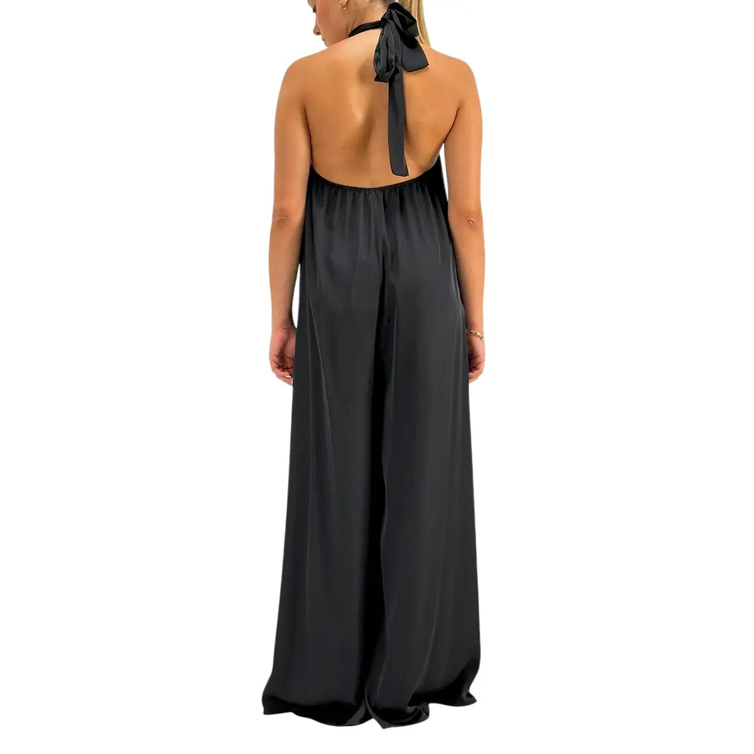Bassini Tuta Donna Nera Elegante con Collo Americano, Fiocco sul Retro e Gamba Larga