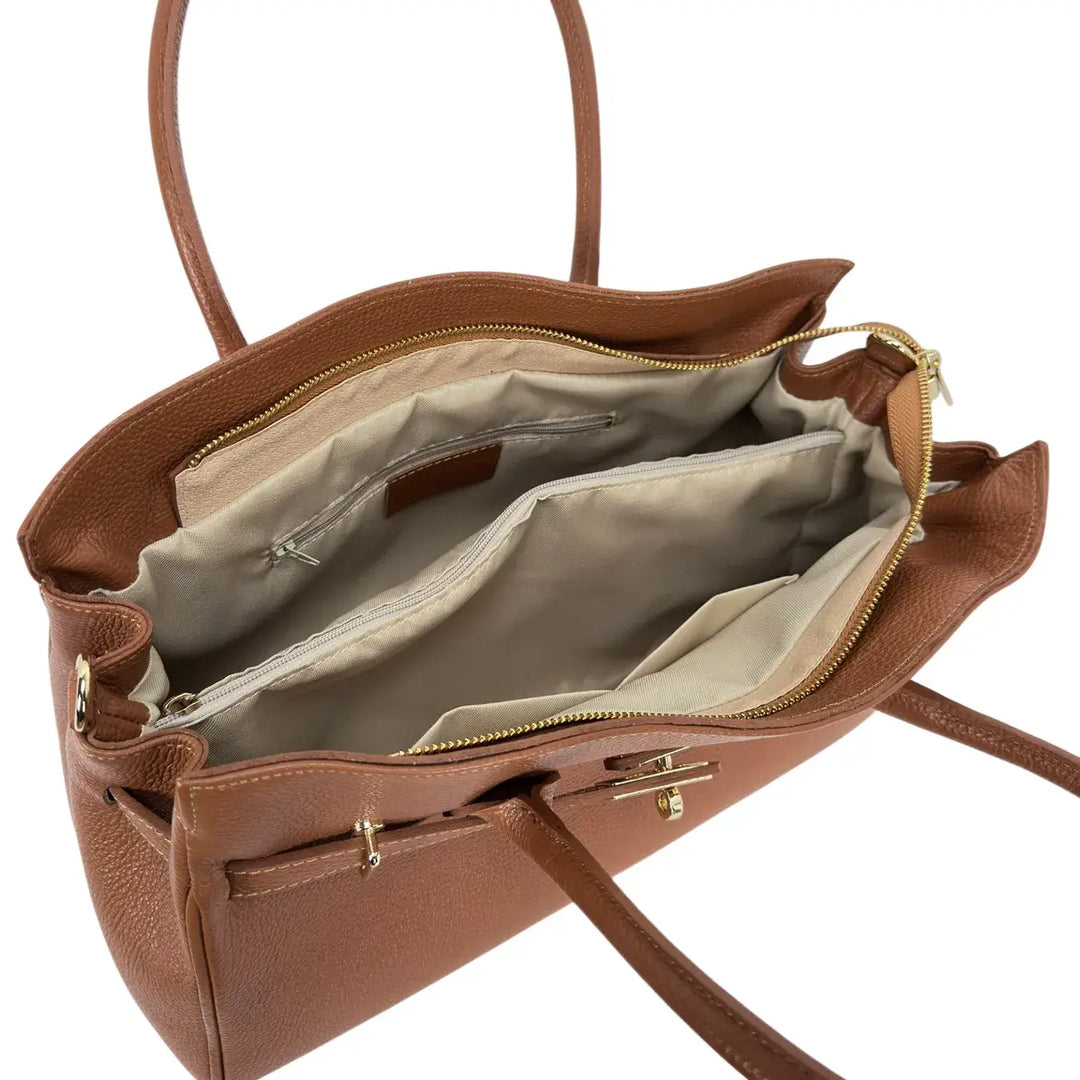 Bassini Borsa Donna in Pelle Cognac con Due Manici e Tracolla Intercambiabile