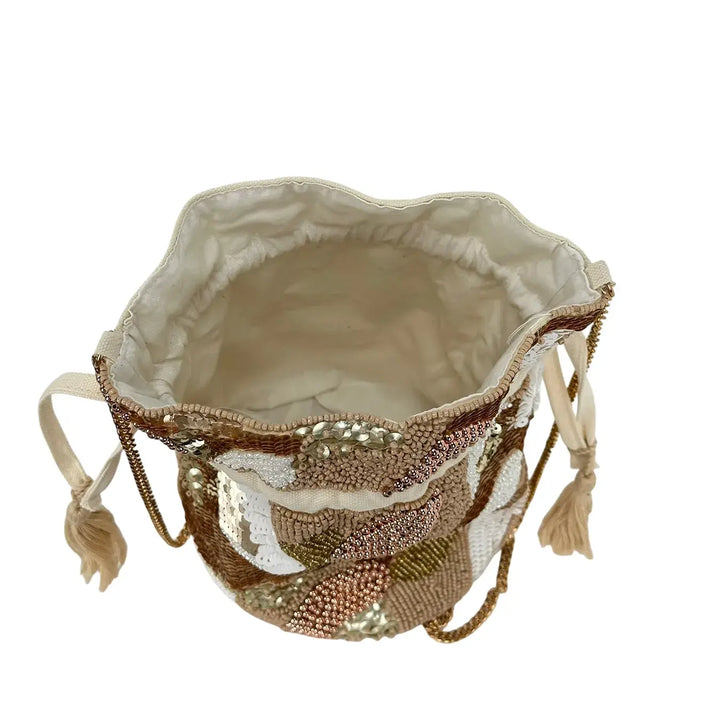 Bassini Borsa Donna Mini Secchiello in Cordura con Perline Oro e Tracolla a Catena Oro