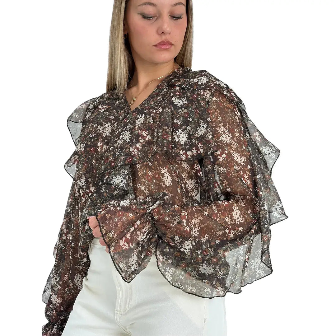 Bassini Camicia Donna Floreale Moro con Scollo V e Ruches su Maniche e Spalle