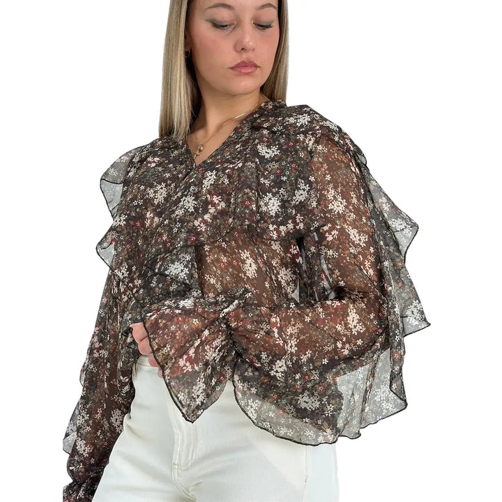 Bassini Camicia Donna Floreale Moro con Scollo V e Ruches su Maniche e Spalle