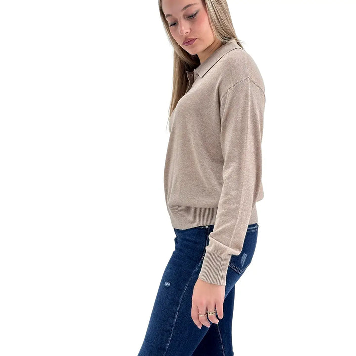 Bassini Maglia Donna Cammello Polo Crop Over a Tre Bottoni con Maniche Lunghe