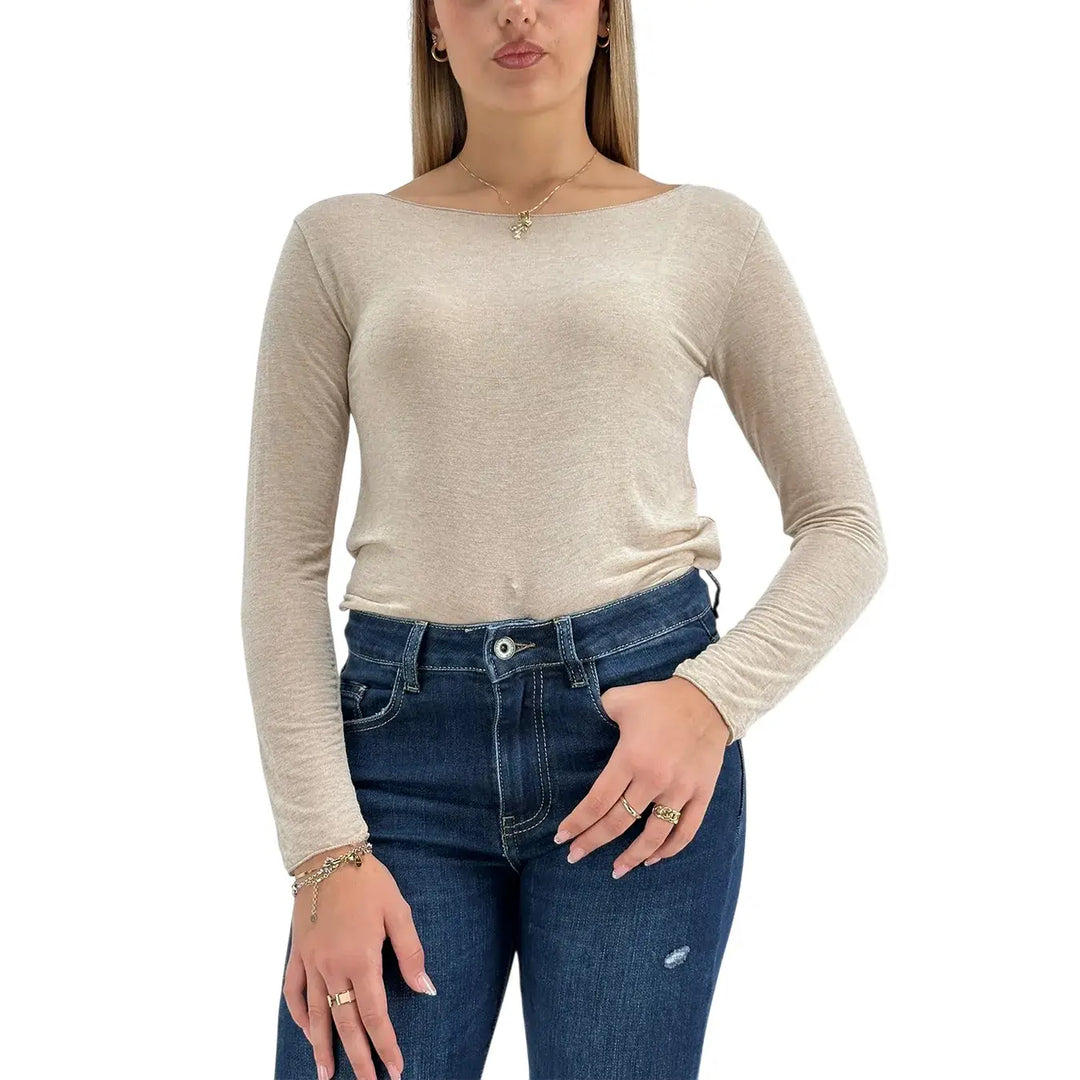 Bassini Maglia Cashmerina Donna Beige Ultralight con Scollo a Barca e Maniche Lunghe