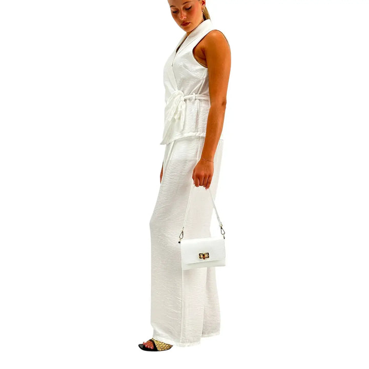 Bassini Coordinato Donna Bianco con Gilet Smanicato, Fiocco Laterale e Pantaloni Palazzo