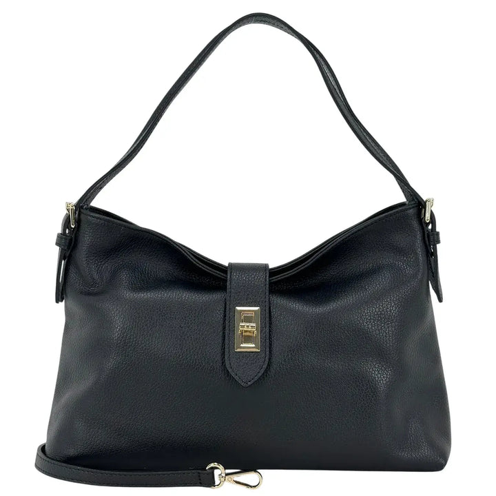 Bassini Borsa Donna in Pelle Nero con Doppio Manico a Spalla e Tracolla Intercambiabile