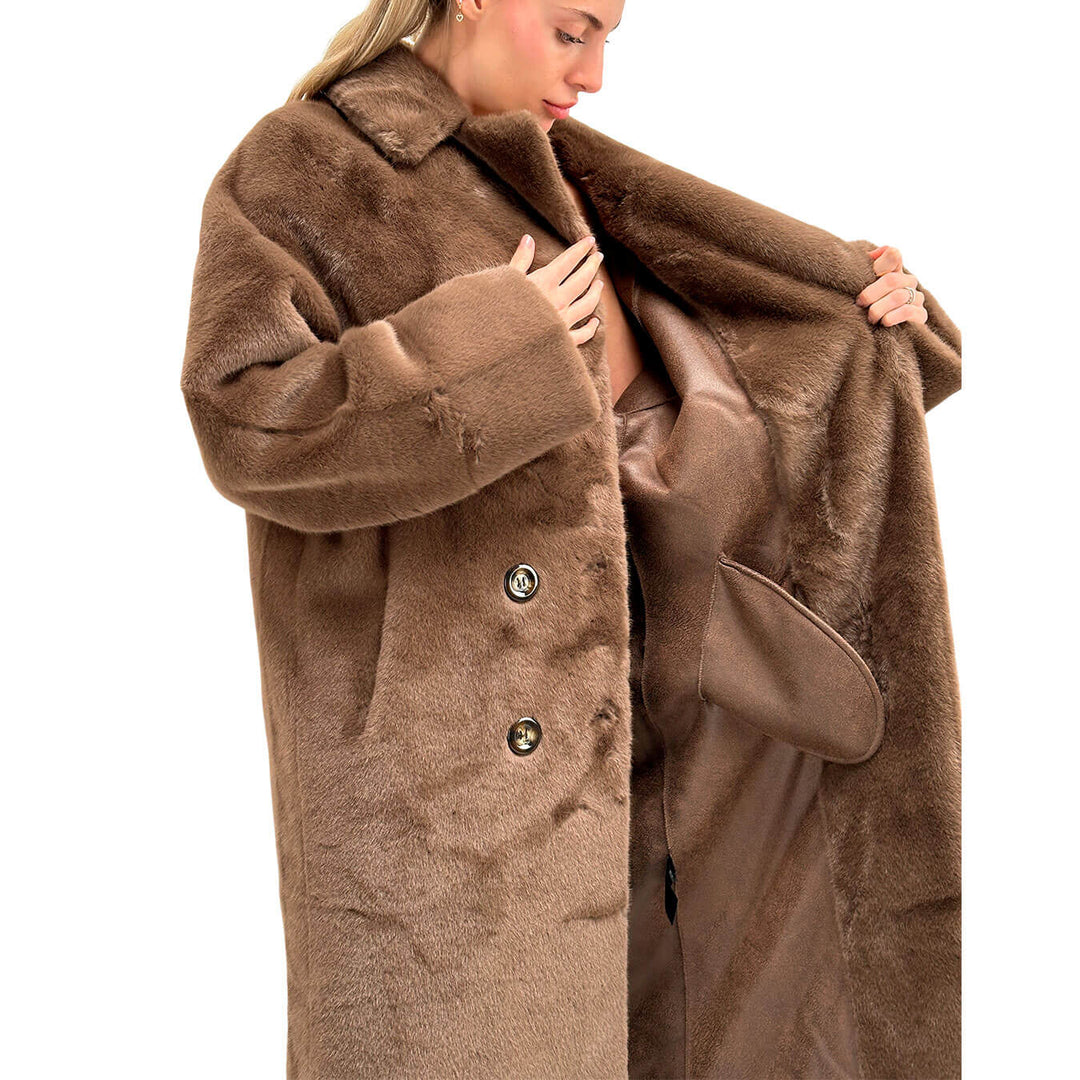 Bassini Cappotto Lungo Donna, Ecopelliccia, Doppio Petto, Marrone