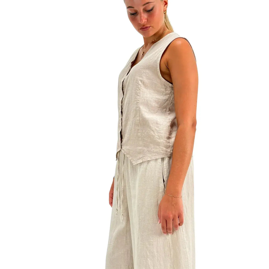 Bassini Camicia Donna Beige Smanicata in Lino e Cotone con Bottoni e Collo a V