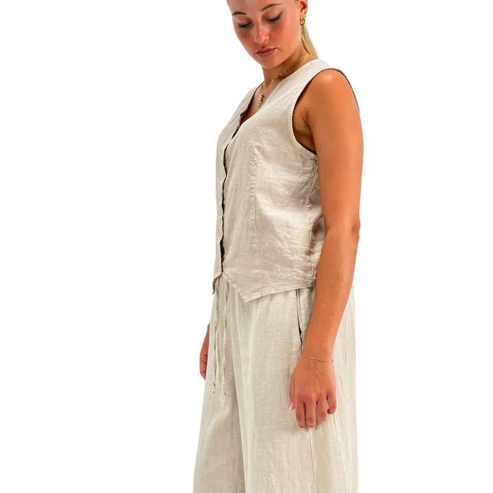 Bassini Camicia Donna Beige Smanicata in Lino e Cotone con Bottoni e Collo a V