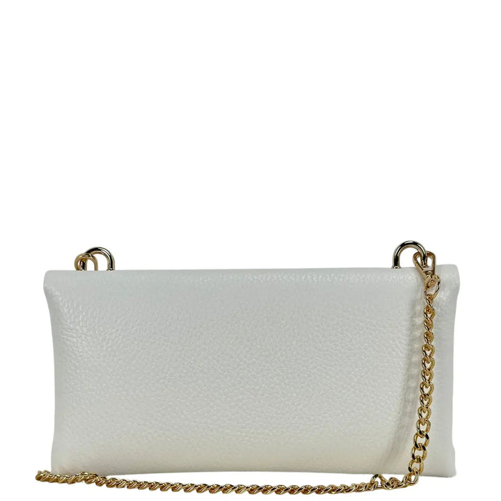 Bassini Borsa Donna Piccola in Pelle Bianca con Tracolla Catena Oro e Chiusura Girello Bambù