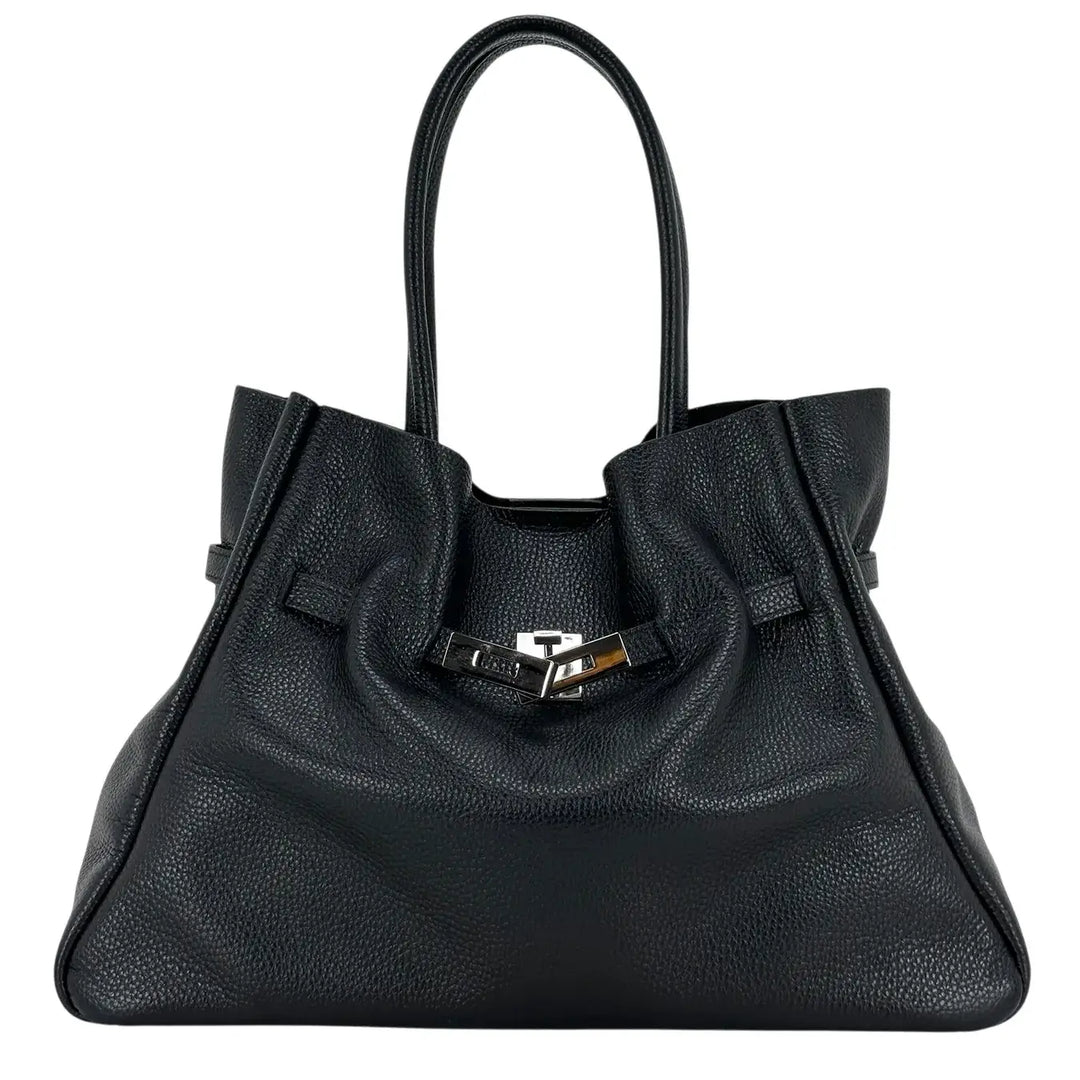 Bassini Borsa Donna in Pelle Nera con Due Manici, Tracolla Rimovibile e Chiusura Magnetica