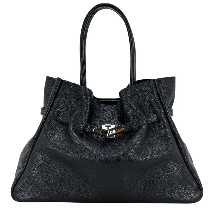 Bassini Borsa Donna in Pelle Nera con Due Manici, Tracolla Rimovibile e Chiusura Magnetica