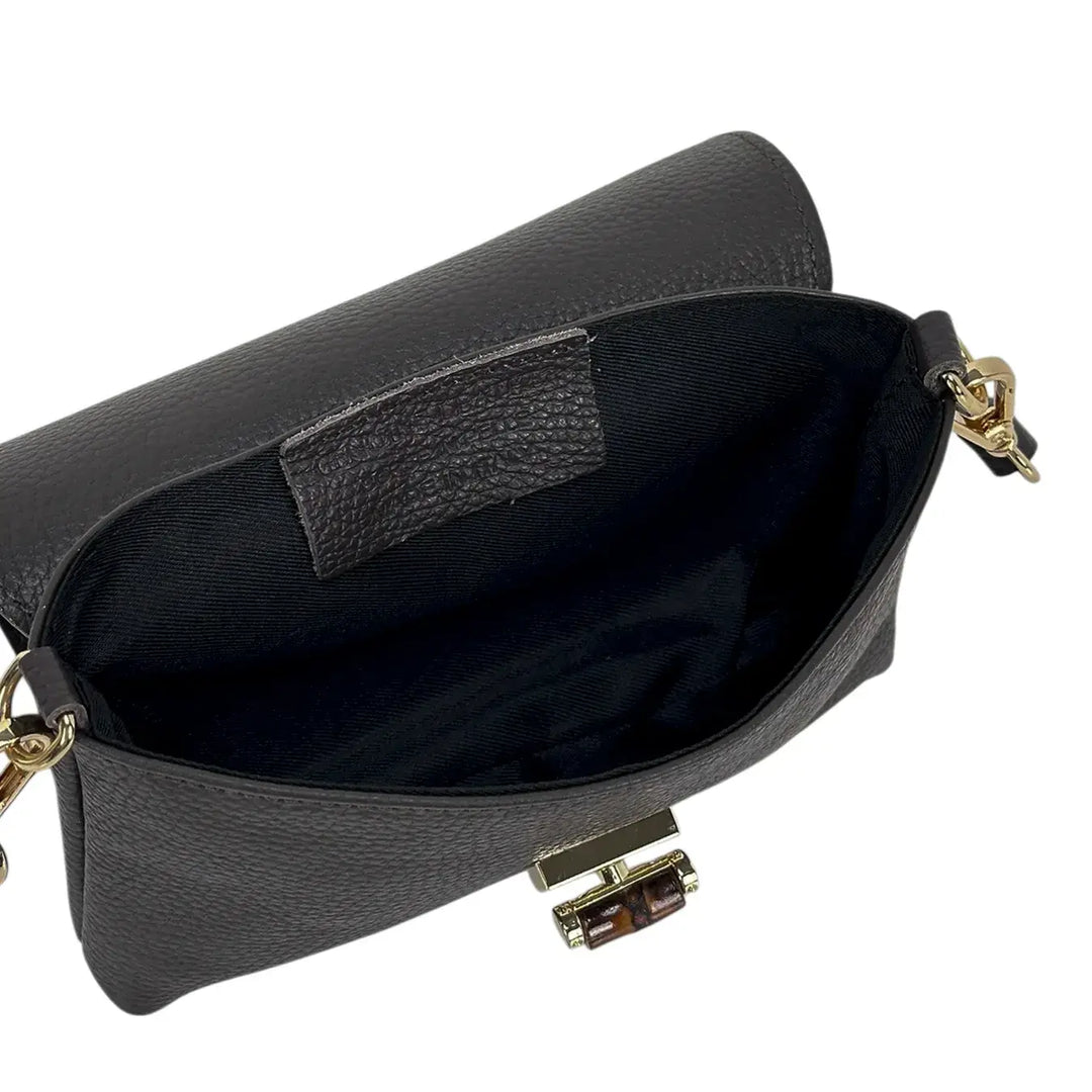 Bassini Borsa Donna Mini in Pelle Cioccolato con Pattina Girello Bambù e Tracolle Rimovibili