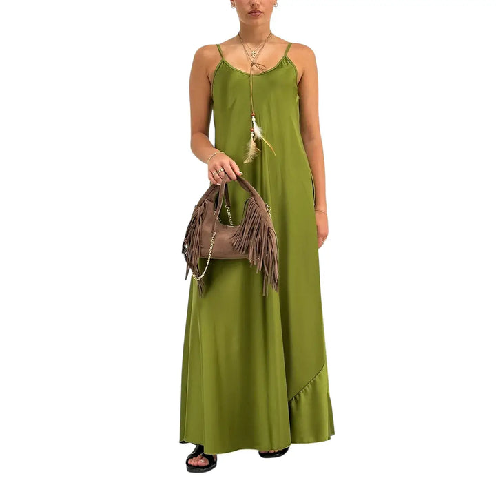 Bassini Abito Donna Verde Acido Modello Sottoveste con Spallini e Collana Piuma Inclusa