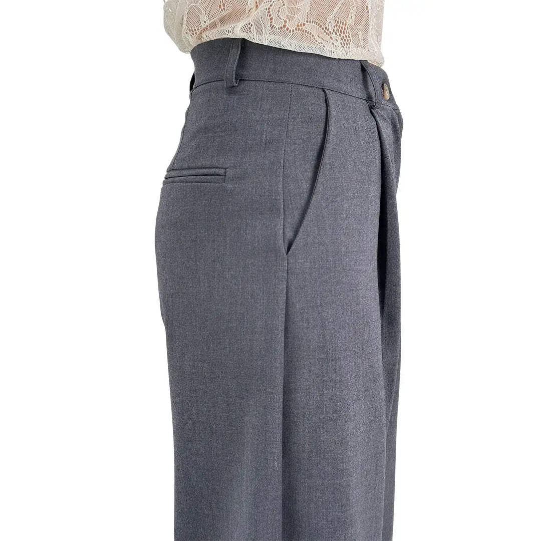 Bassini Pantaloni Donna Grigi Sartoriali a Gamba Larga con Doppia Pince e Tasche a Filo
