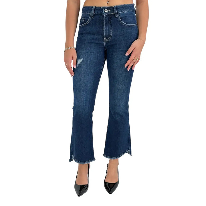 Bassini Jeans Donna Blu Scuro Slim Elasticizzato con Fondo Trombetta Sfrangiato