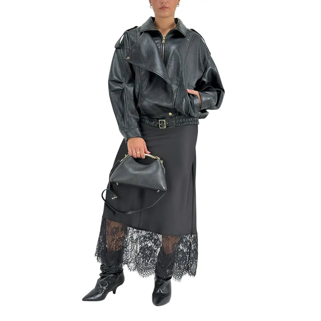 Bassini Bomber Donna Nero Oversize in Ecopelle Effetto Dollaro con Zip e Cintura in Vita