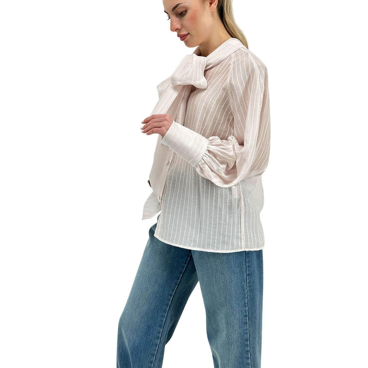 Tensione In Camicia Donna, Gessata, Maxi Fiocco, Beige