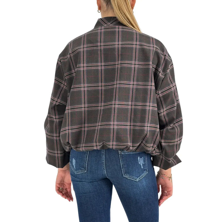 Bassini Bomber Donna Fumo Check con Zip in Metallo, Alamari e Polsini Elasticizzati