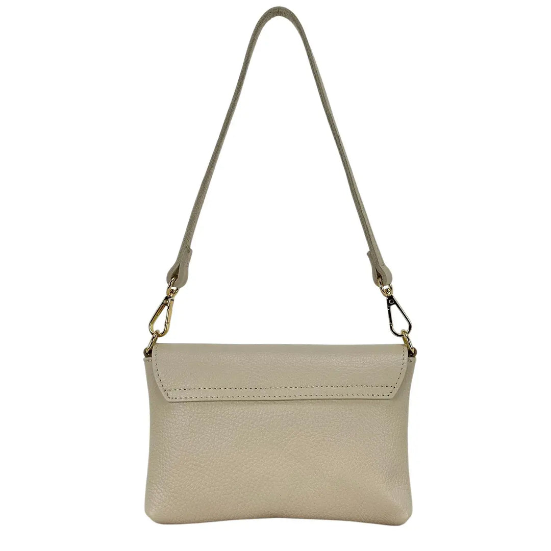 Bassini Borsa Donna Mini in Pelle Beige con Pattina Girello Bambù e Tracolla Rimovibile