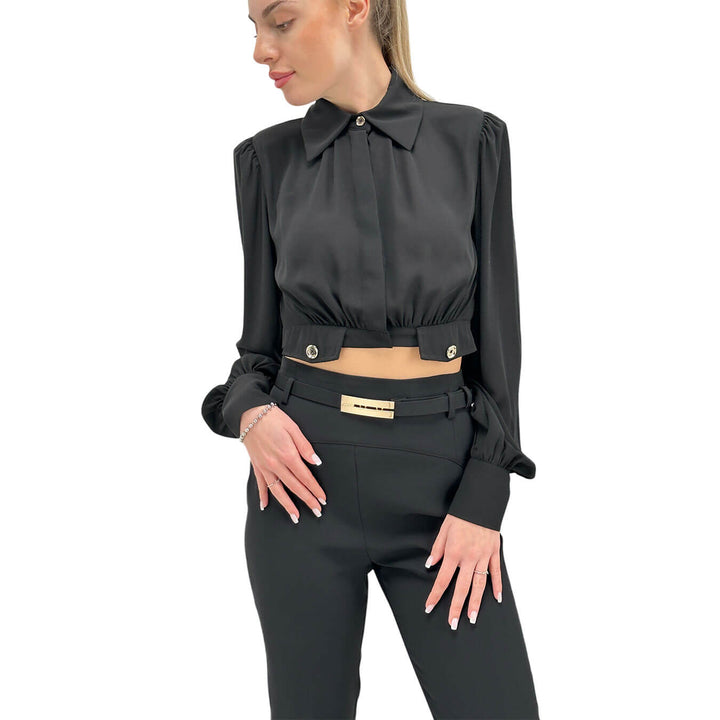 Relish Camicia Kugat Donna, Crop, Tasche Decorative, Nero