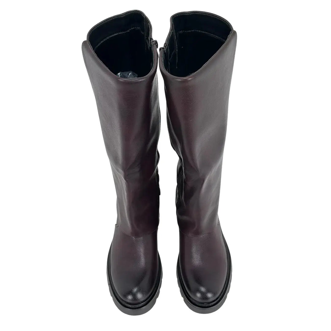 Bassini Stivale Donna Vino Biker in Ecopelle Effetto Used con Doppia Fibbetta e Tacco 4 cm