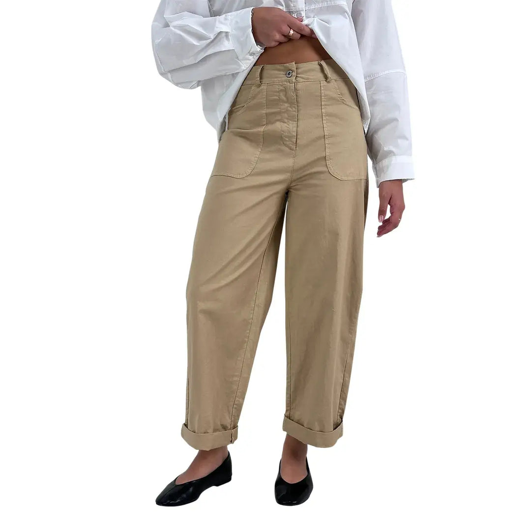 Bassini Pantaloni Donna Palazzo Kaki Oversize in Tessuto Elasticizzato con Tasche a Toppa