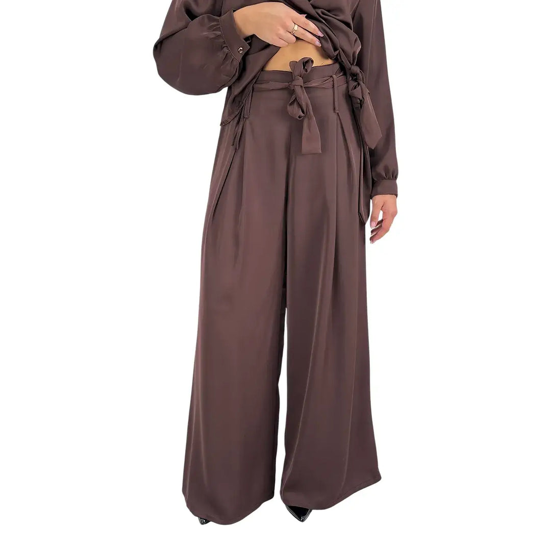 Bassini Pantaloni Donna Palazzo Marrone Oversize con Elastico in Vita e Cintura a Fiocco