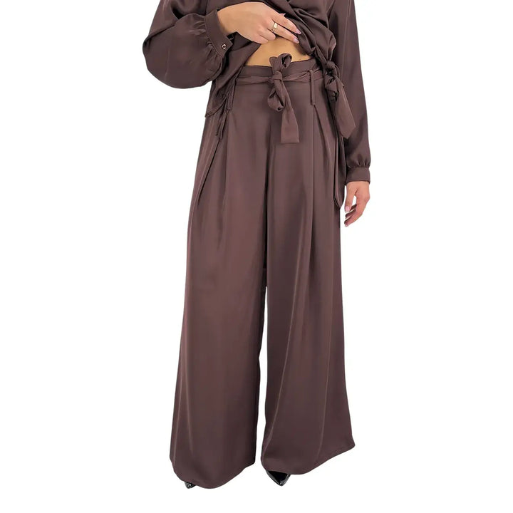 Bassini Pantaloni Donna Palazzo Marrone Oversize con Elastico in Vita e Cintura a Fiocco