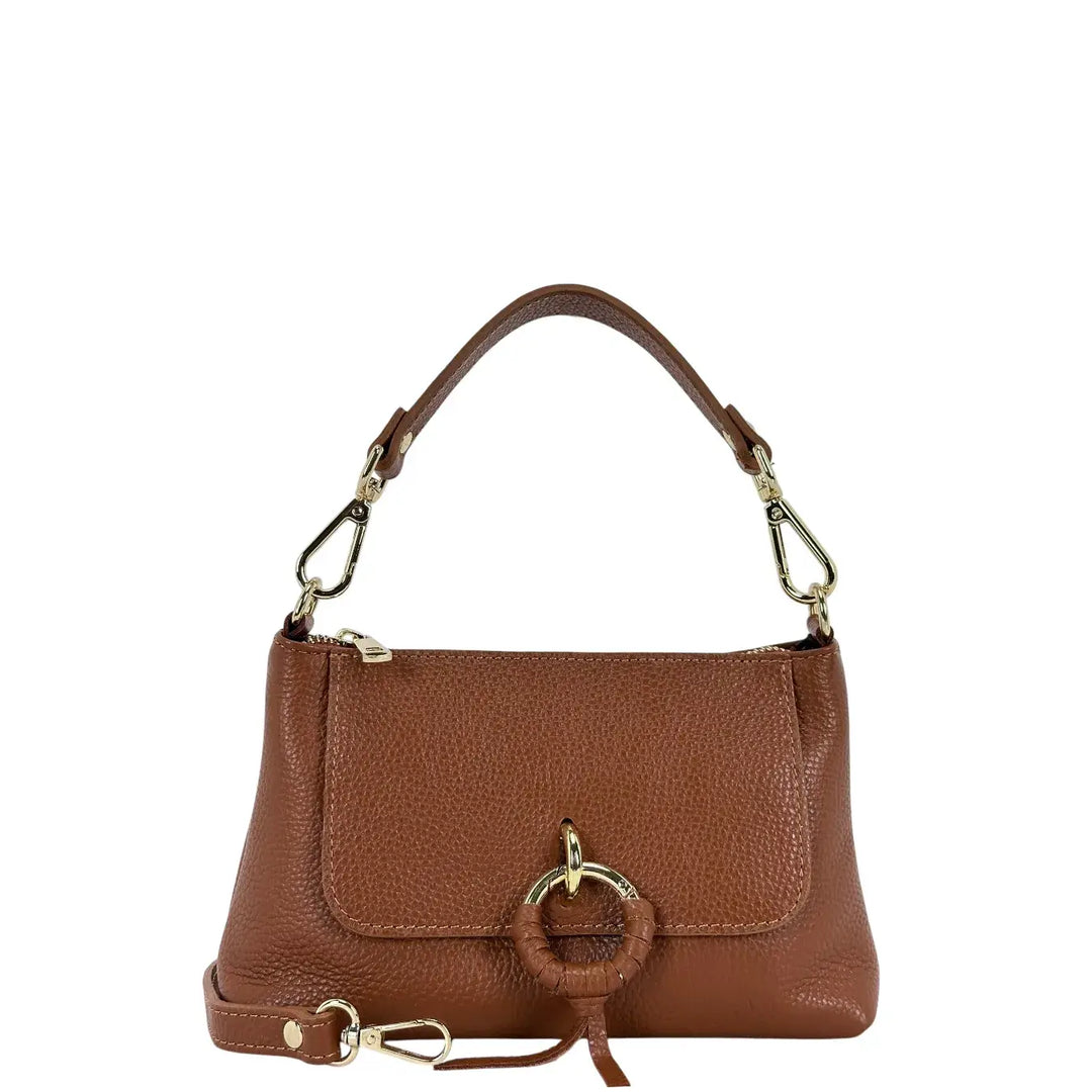 Bassini Borsa Donna Piccola in Pelle Cuoio con Doppia Tracolla e Accessorio Metallico