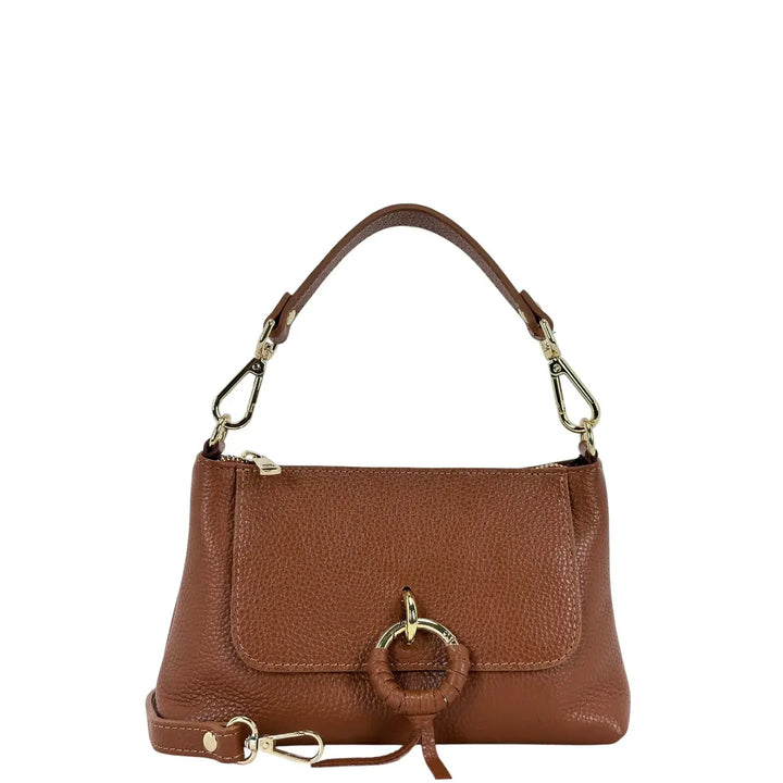 Bassini Borsa Donna Piccola in Pelle Cuoio con Doppia Tracolla e Accessorio Metallico