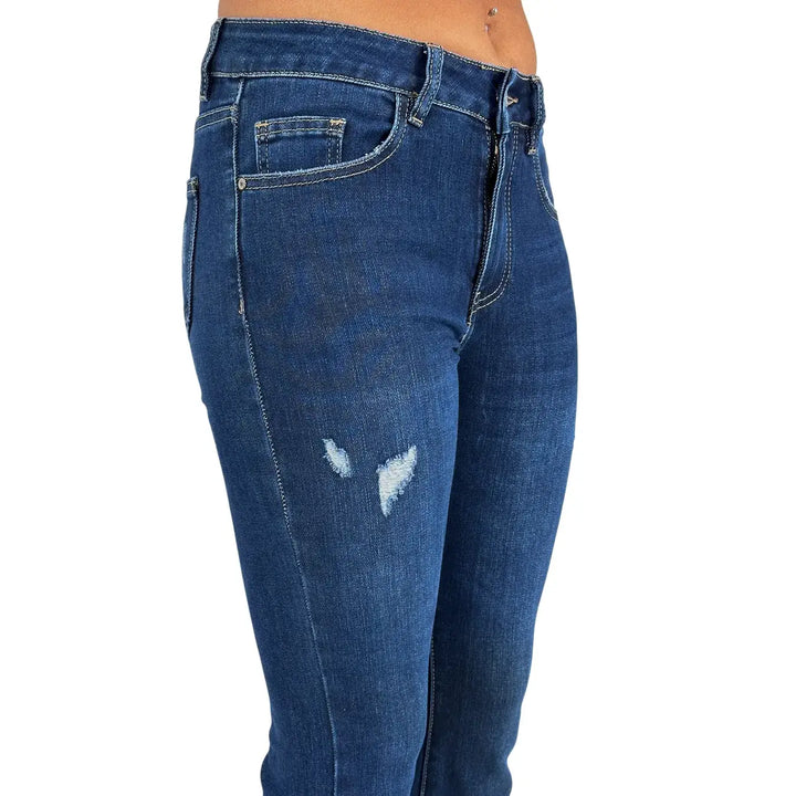 Bassini Jeans Donna Blu Scuro Slim Elasticizzato con Fondo Trombetta Sfrangiato