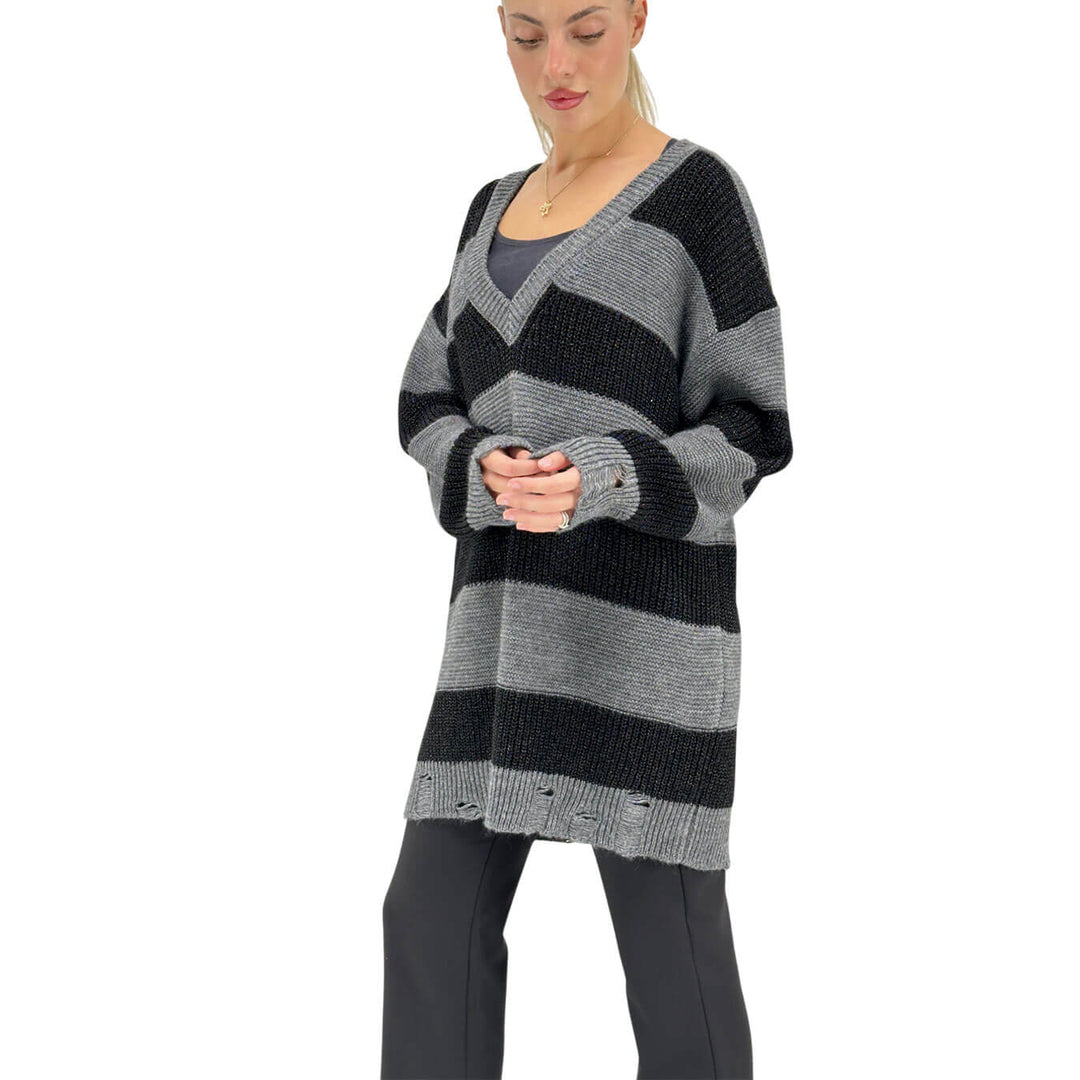 Relish, Maglia, Donna, Artemis, Maxi Righe, Viscosa, Nero Grigio
