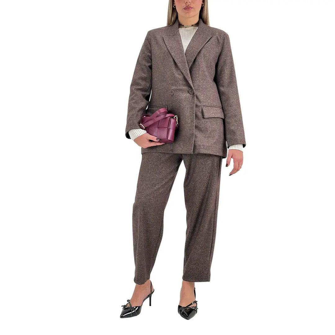 Bassini Pantaloni Donna Marrone Melange Dritti con Elastico in Vita e Tasche Laterali