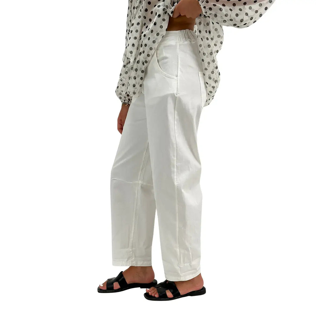 Motel Pantaloni Donna Bianchi Barrel Fit in Cotone con Risvolto sul Fondo