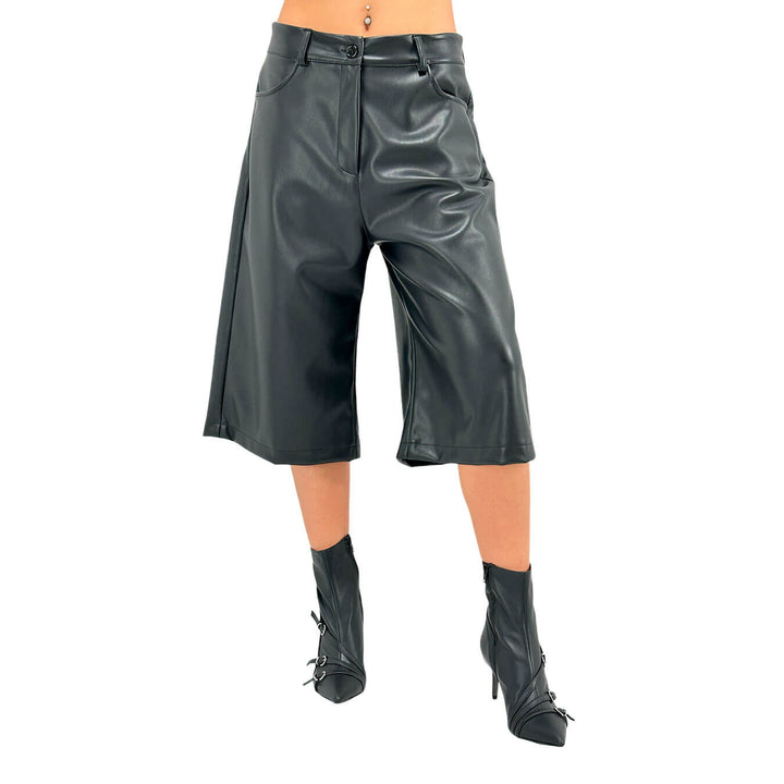 Tension In Women's Pants, Flared Bermuda, Faux Leather, Black