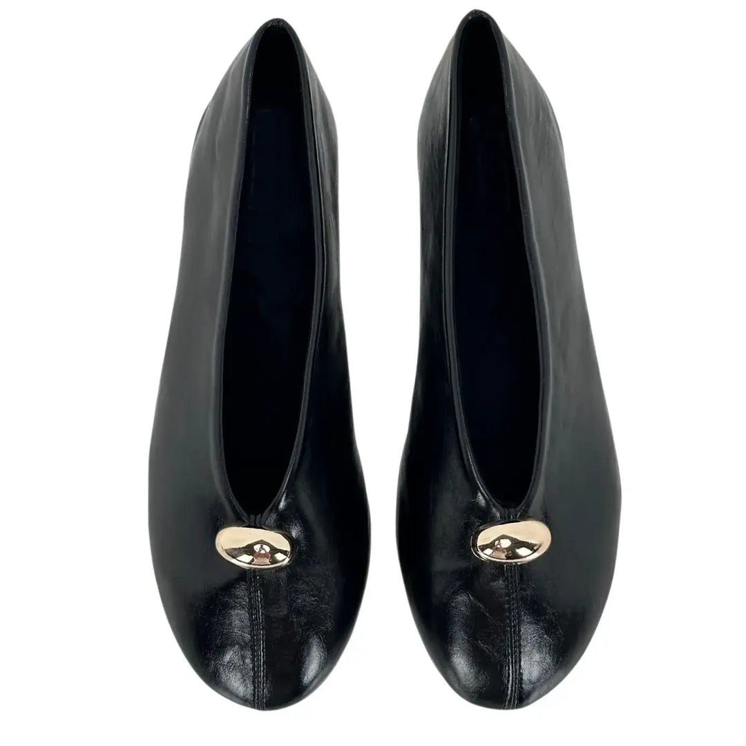 Bassini Ballerine Donna Nere in Ecopelle Effetto Used con Punta Tonda e Accessorio Oro