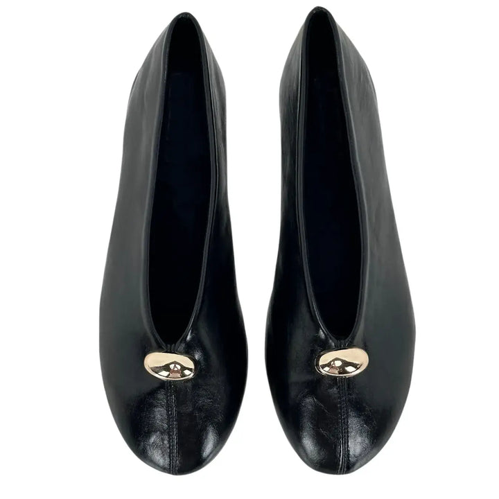 Bassini Ballerine Donna Nere in Ecopelle Effetto Used con Punta Tonda e Accessorio Oro