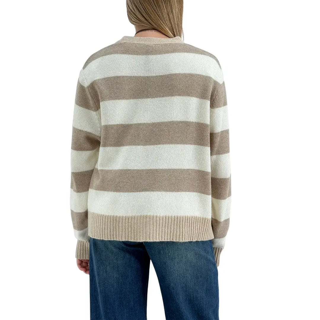 Bassini Cardigan Donna Beige Latte e Cipria a Righe con Cinque Bottoni e Coste Cammello