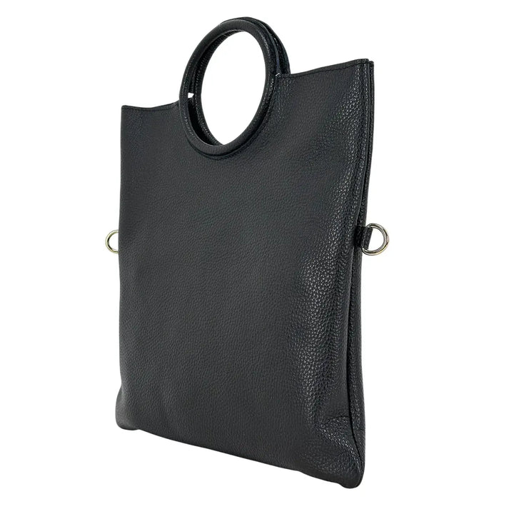 Bassini Borsa Donna in Pelle Nero Sfoderata con Maniglia ad Anello e Pochette Interna