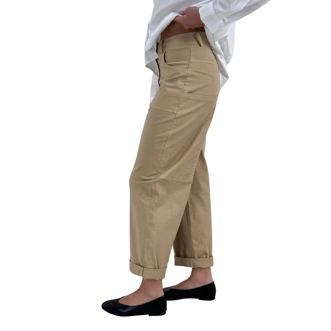 Bassini Pantaloni Donna Palazzo Kaki Oversize in Tessuto Elasticizzato con Tasche a Toppa