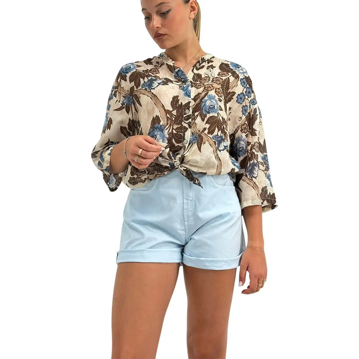 Bassini Camicia Donna Marrone con Fantasia Floreale Annodata, Collo Coreano e Maniche Tre Quarti