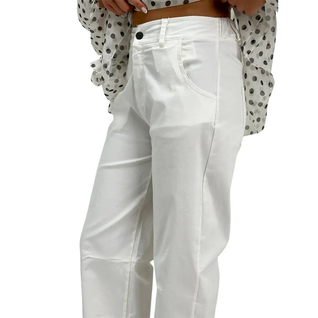 Motel Pantaloni Donna Bianchi Barrel Fit in Cotone con Risvolto sul Fondo
