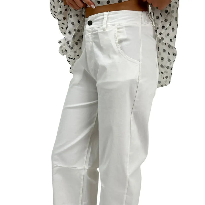 Motel Pantaloni Donna Bianchi Barrel Fit in Cotone con Risvolto sul Fondo